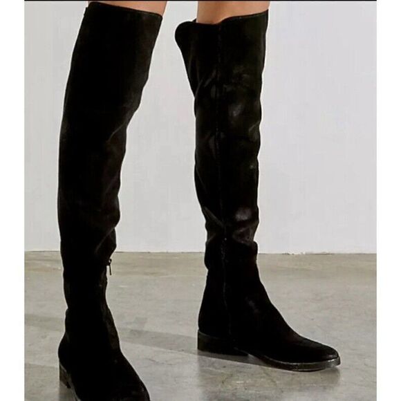 NEW FREE PEOPLE Sz 37 7 CARSON OVER THE KNEE STRETCH SUEDE BOOTS BLACK - Picture 2 of 6